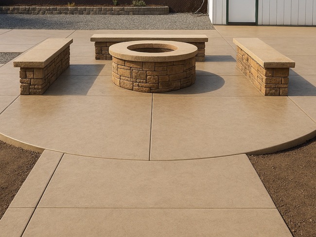 View more about Stamped Concrete Patio with Firepit